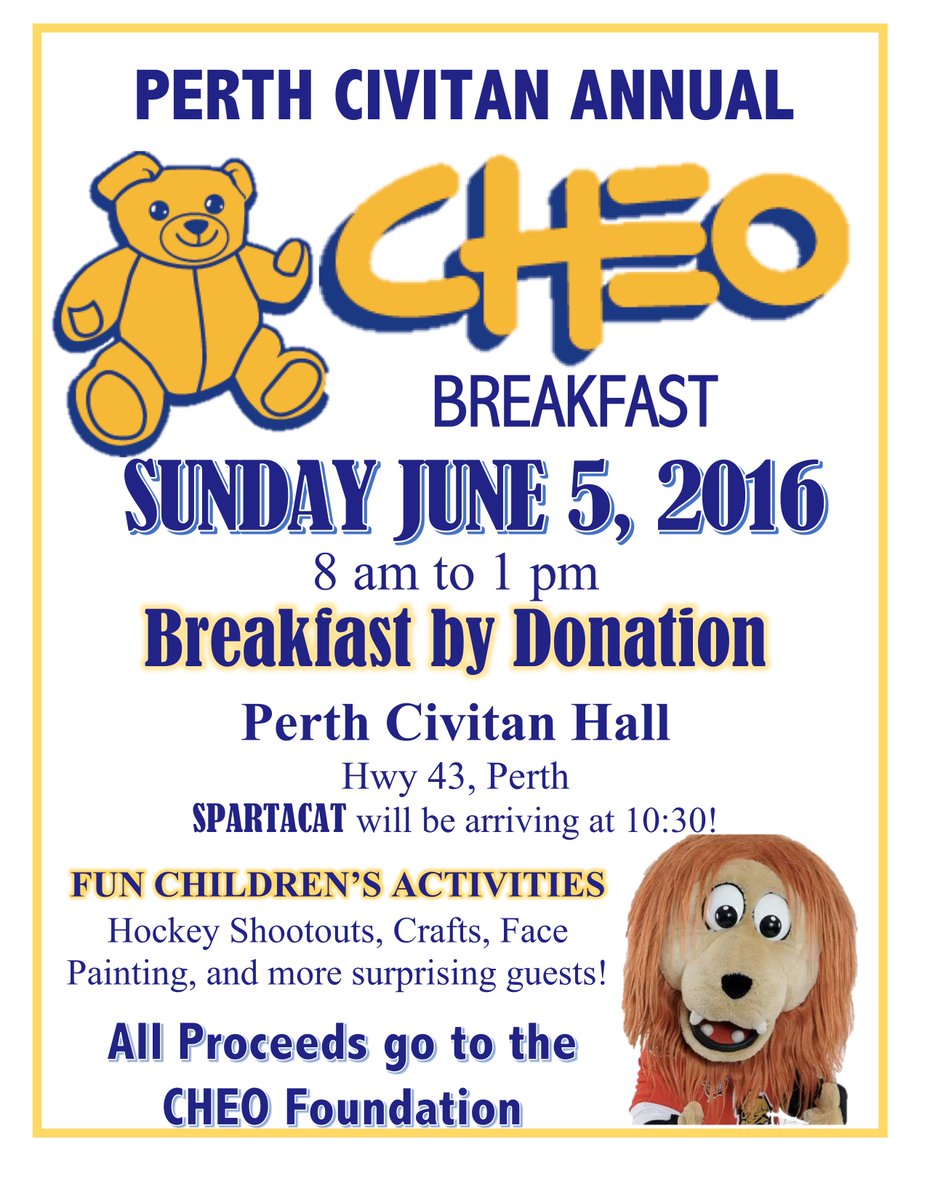 PerthCivitan's tweet photo. #spartcat Perth Civitan Annual CHEO Breakfast 8:ooam to 1:00pm
This Sunday June 05, 2016 Breakfast by Donation! https://t.co/p2Qzsyi1Us