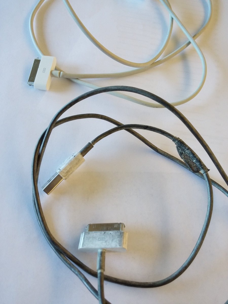 heystryker's tweet image. Happen to you? Student returned iPad cord so disgusting we had to throw it out (bottom) #zombietech  #edtech #k12