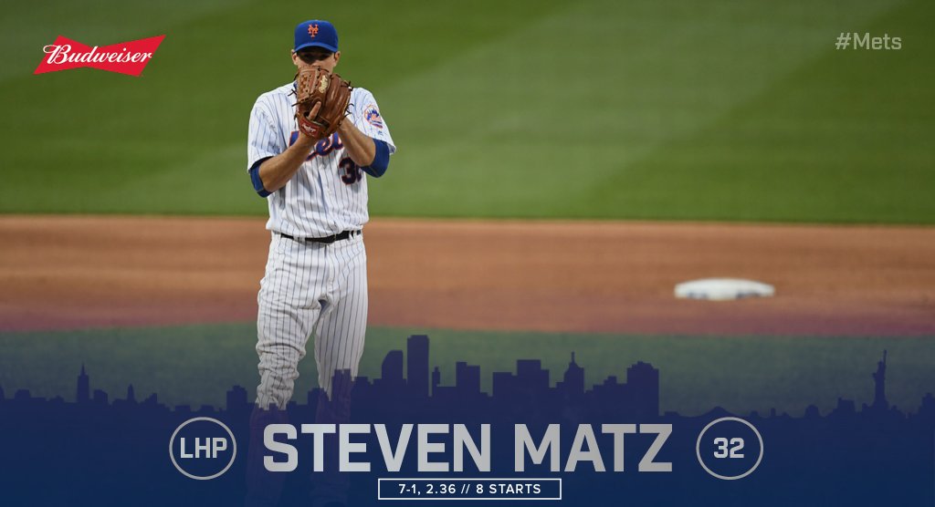 Mets's tweet photo. Tonight's pitching matchup: @Smatz88 (7-1, 2.36 ERA) vs. Mat Latos (6-1, 4.06 ERA). https://t.co/l6E2aykFmQ https://t.co/Qep7DBCcZL