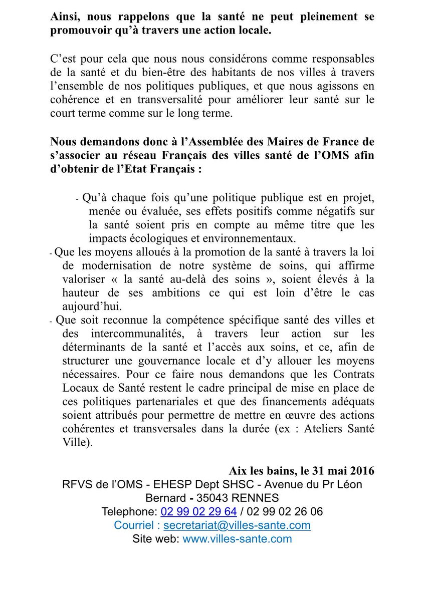 #SANTE   Voici la déclaration politique élaborée par des #elu du @VillesSanteOMS adressée #congresdesmaires