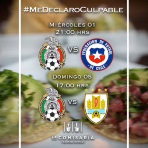 comisario2016d1's tweet photo. Ven a #LaComisaría a apoyar a la Selección Mexicana 🇲🇽 en sus partidos contra Chile y Uruguay 

Reserva 30400636 https://t.co/zcPzjcGH6K