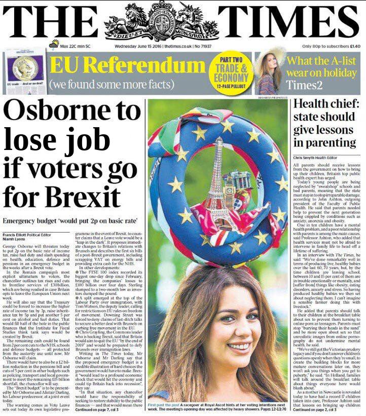 rorybroomfield's tweet image. Today's @thetimes newspaper front page (improved): #Brexit #VoteLeave #BetterOffOut