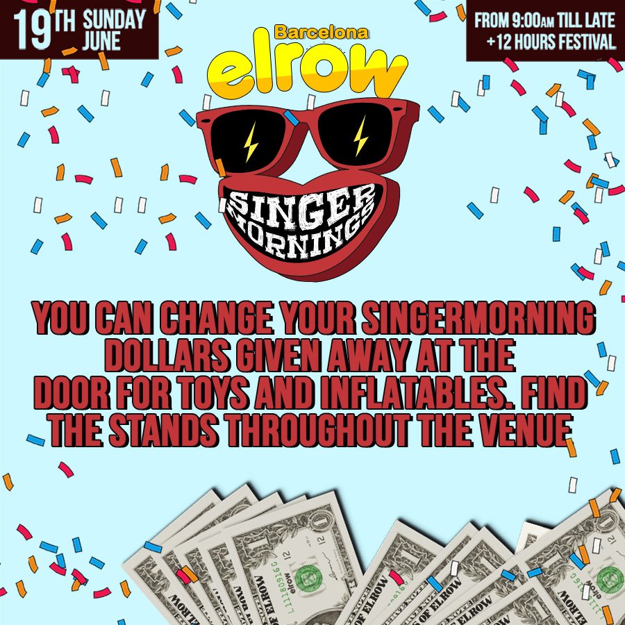 elrow_'s tweet photo. elrow BCN - ¡¡Podrás cambiar los billetes Singermornings por hinchables y juguetes! #elrowOffWeek #imasingermornings https://t.co/q3b0aVm5s4