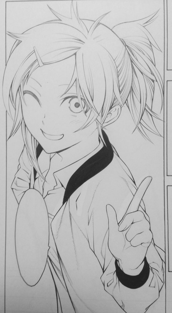 ペン入れ中。結と鏡の髪の毛はまだ描き慣れないところが。ぼたんは髪の先を筆の入りで描くから時間はかかり…主人公が一番描きやすい! 