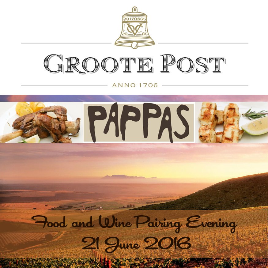 PappasSandton's tweet image. Wine pairing eve in conjunction with @GrootePost 21 June - Only the most delicious foods and wines! @WOSA_ZA
