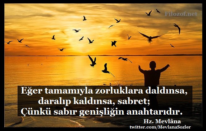 MevlanaSozler's tweet photo. Eğer tamamıyla zorluklara daldınsa, daralıp kaldınsa, sabret; çünkü sabır genişliğin anahtarıdır. Hz. Mevlâna https://t.co/6kDunZPoi2