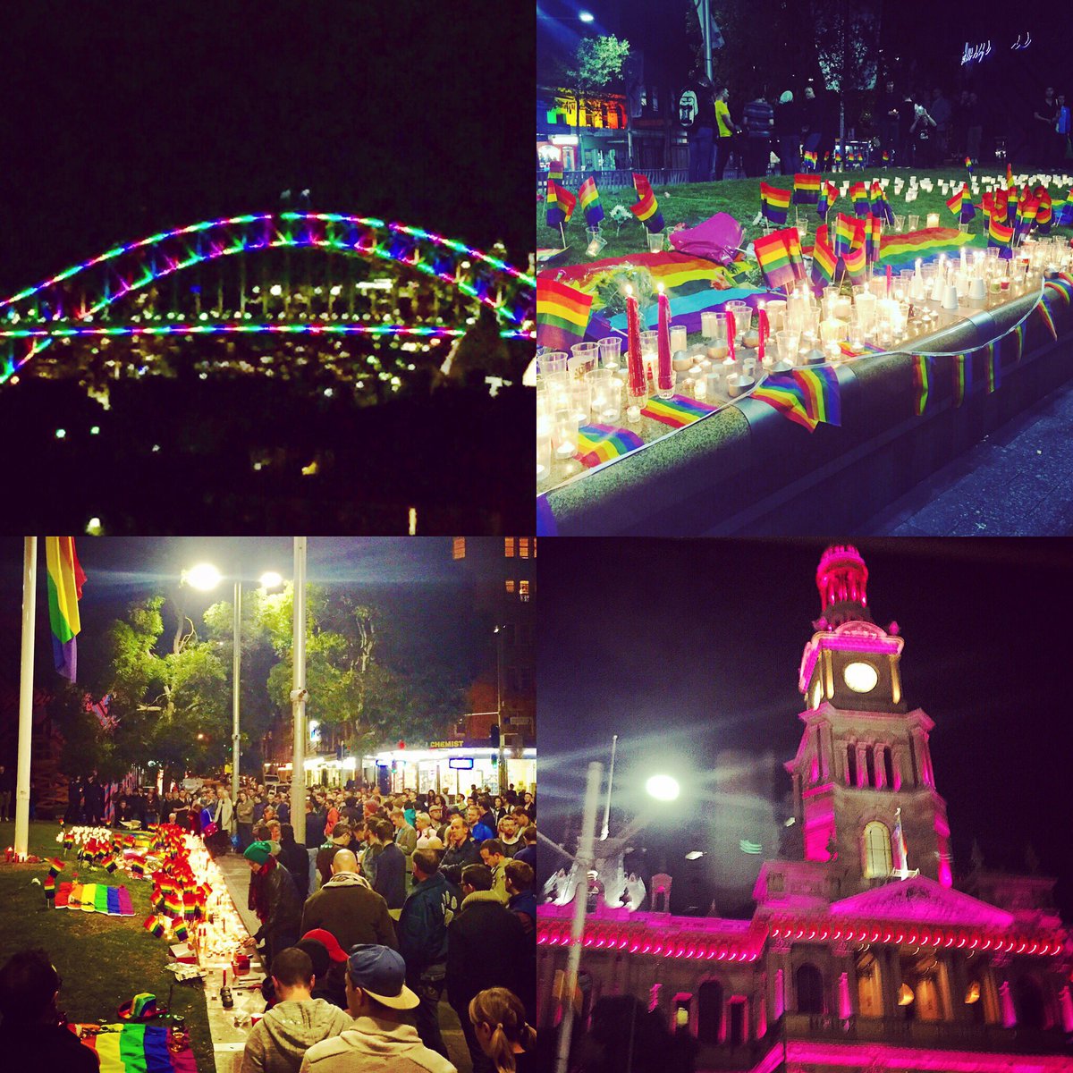 Sydney Harbour Bridge lit with rainbows, Town Hall in pink and Taylor Sqr packed with #lgbt #pulsenightclub #orlando