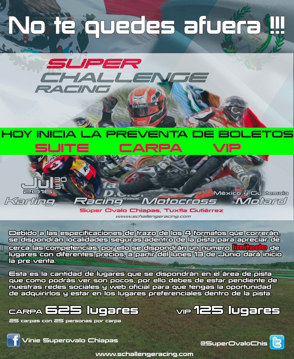 SuperOvaloChis's tweet photo. Hoy inicia la pre venta de boletos SUITE, CARPA y VIP del #SuperChallengeRacing HAY POCOS BOLETOS cel 961 312 0501 https://t.co/UixBErXLHm