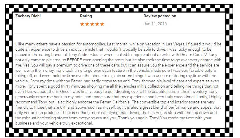 Thank you Zachary for telling us about your experience! We love hearing from our clients. #DreamCarsLasVegas