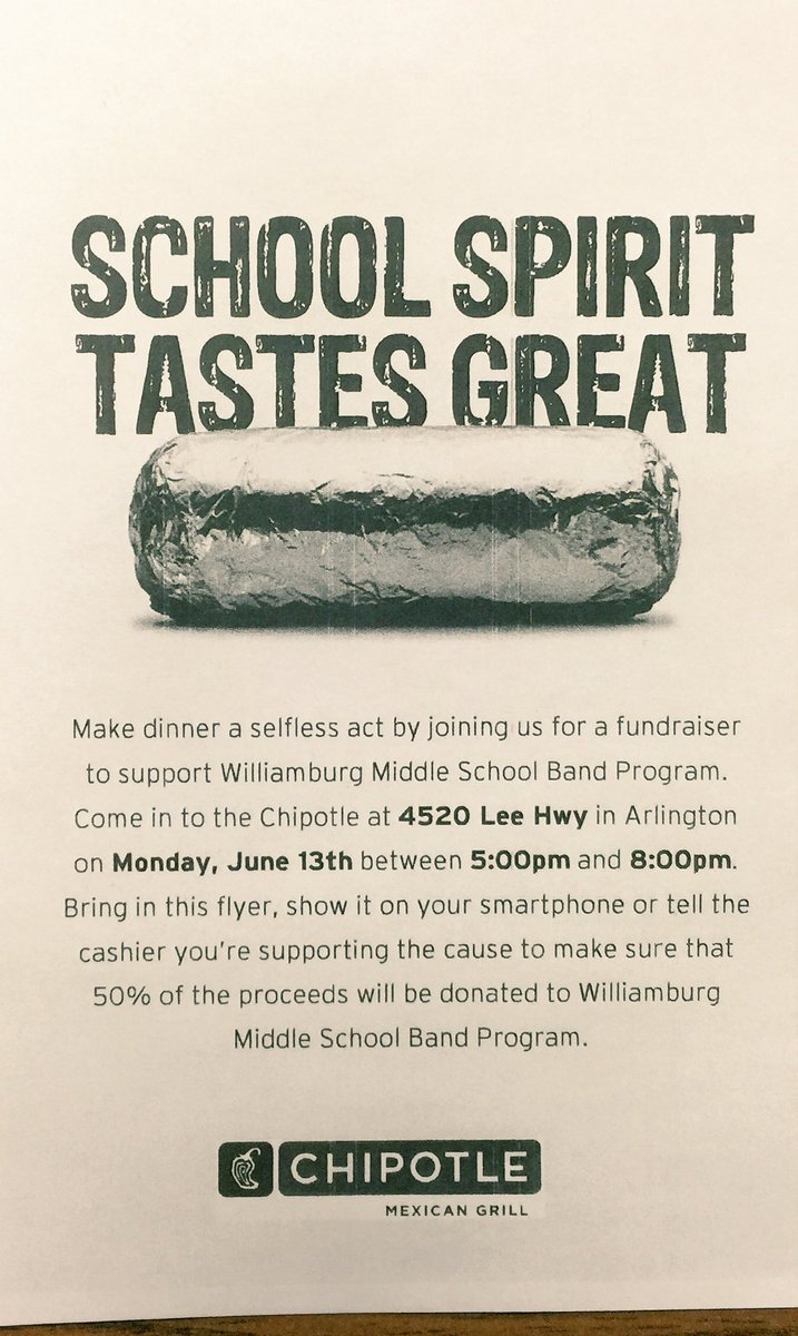 WburgMSBands's tweet image. Support us! Get Chipotle for dinner at 4520 Lee Hwy. Say you're there for WMS bands!! @yorktownbands @MrLaurieWMS
