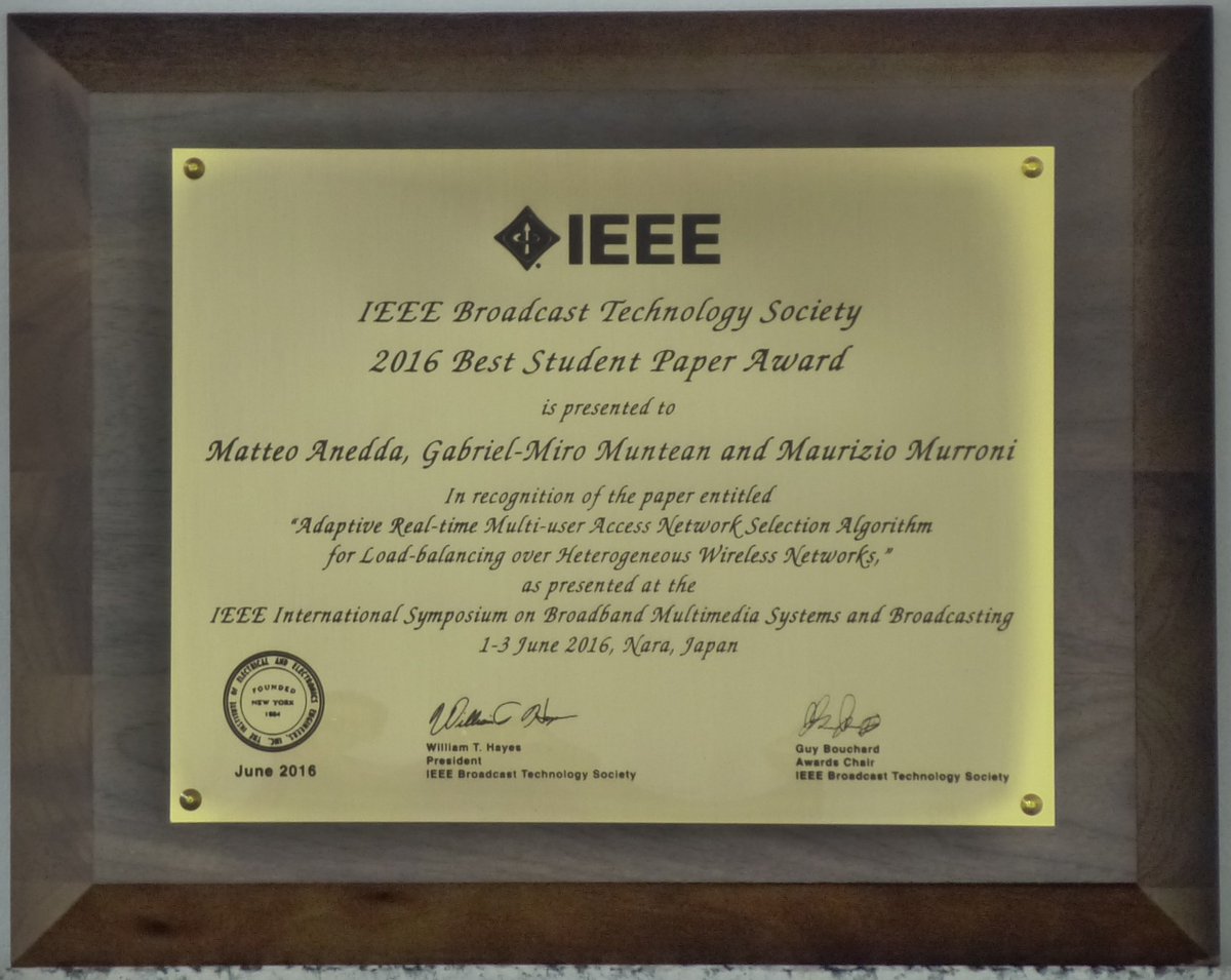 PEL paper was awarded the IEEE BMSB 2016 Best Student Paper Award (collaboration with M Murroni &amp; M Anedda - Italy)