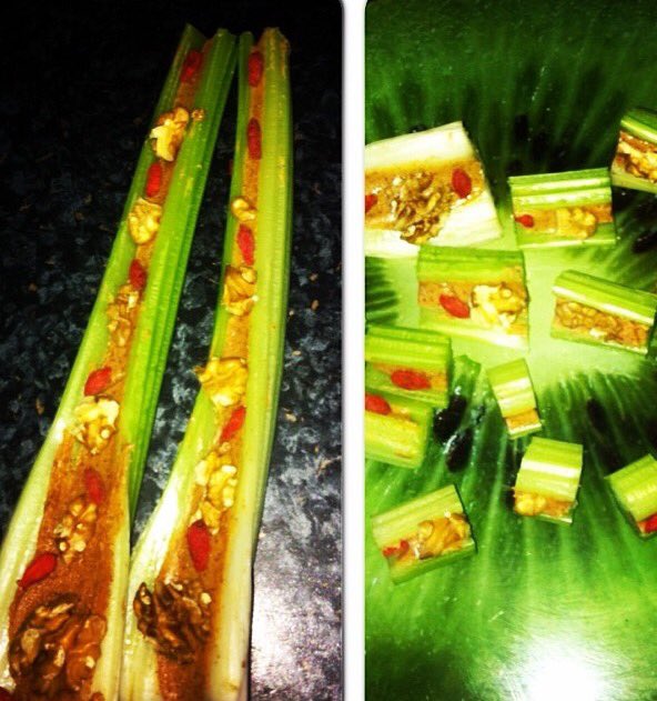Celery snack with organic whole earth peanut, walnuts &amp; goji berries 🍒 #GoVegan #VeganSnack