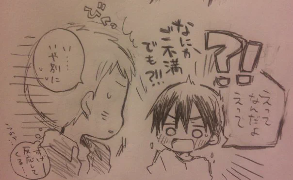 はるみとりゅうたの会話の続きを完成させたらぴくしぶに上げようと思ってるんだけど、しっくりくる展開が思いつかなくてクロッキー帳に分岐パートみたいな絵が散乱している…そして多分これは没パートのコマ…… 