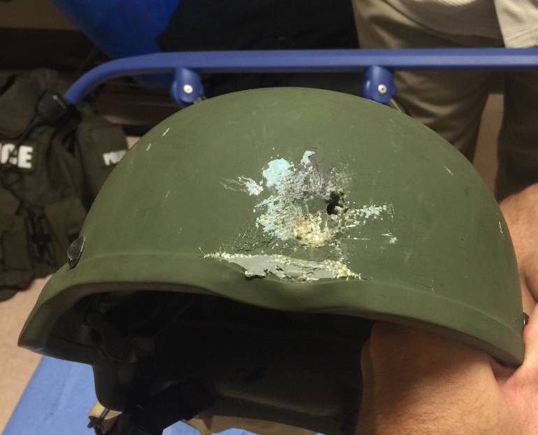 NLEOMF's tweet photo. This is the ballistic helmet that saved an officer’s life when LEO's intervened to stop the gunman in Orlando (1/3). https://t.co/KjHeCNlH0C