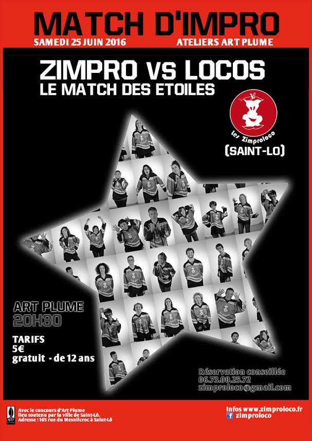 Hé les copains! Le 25 juin, nous jouons à Art Plume pour un match d'impro endiablé! Les Zimproloco vs les Zimproloco