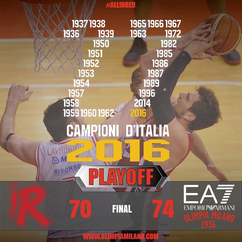 OlimpiaMI1936's tweet photo. CAMPIONI D’ITALIA
L’Olimpia vince il ventisettesimo scudetto della sua gloriosa storia.
🇮🇹🏆
#ALLINRED https://t.co/OjgGQtROoR