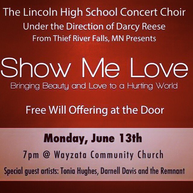 toniahughes's tweet photo. Concert tonight w/Lincoln H.S. Choir feat. me &amp; Darnell Davis &amp; Remnant &amp; Wayzata Comm. Church, 7p, FREE! Join us! https://t.co/k7qZDDjm0v