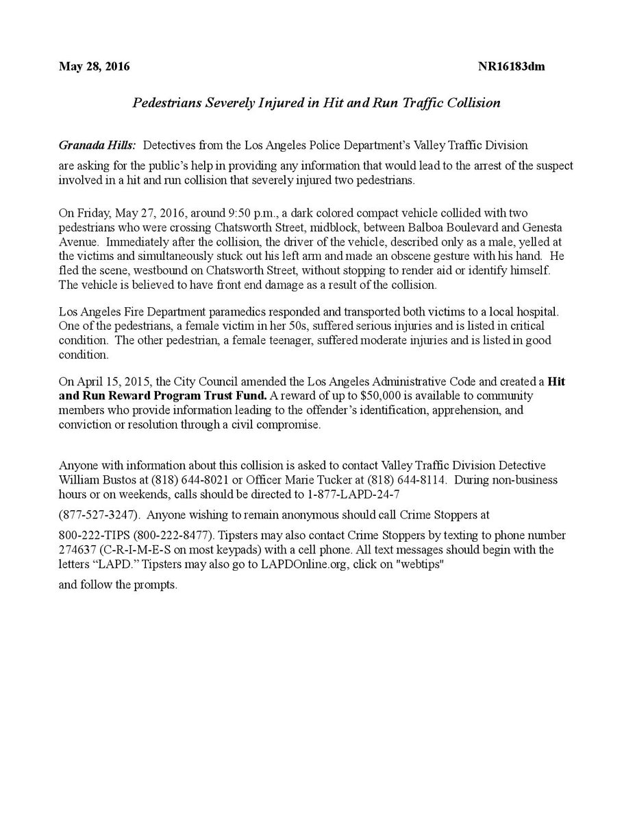 REWARD for Info on Ped Severely injured in Hit &amp; Run collision