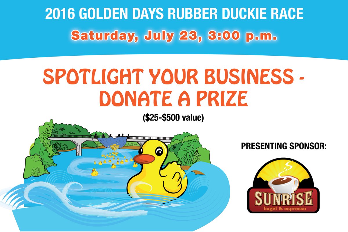 FBKSChamber's tweet photo. The rubber duckie race is the most anticipated Golden Days event. Click to donate a prize: https://t.co/fwK7FOlX1E https://t.co/piKjFpVDar