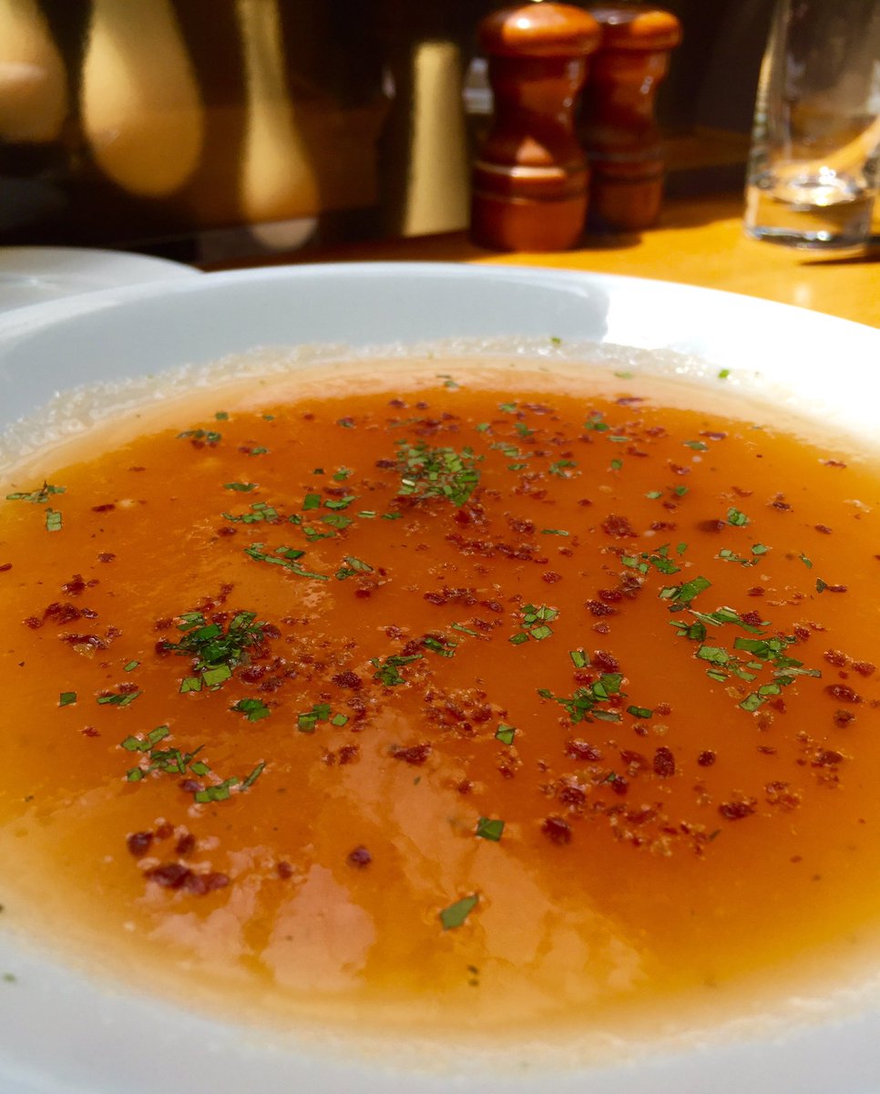 Chilled Ginger-Melon Soup finished with fresh mint &amp; crispy prosciutto