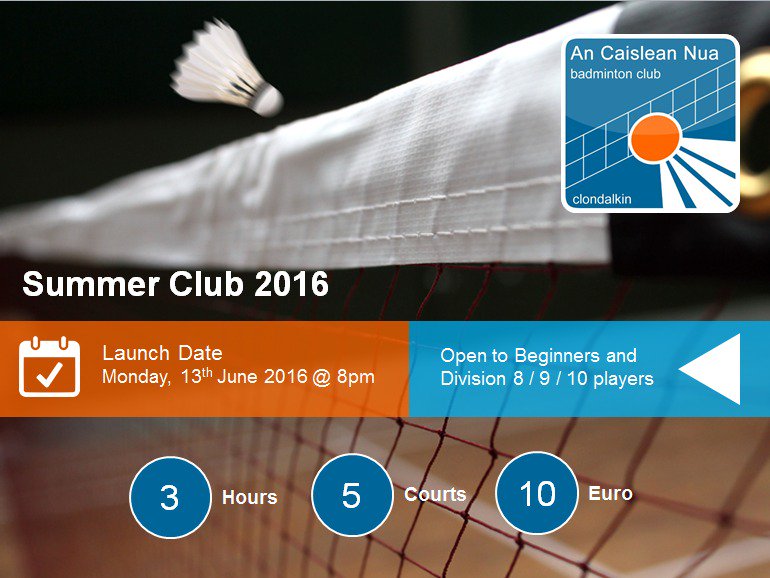 The #ancaisleannua Summer Club 2016 launches tonight @ 8pm. Come join us for some fun games of badminton this summer