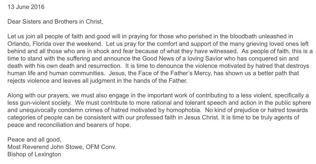 roccopalmo's tweet photo. In Orlando reax, Lexington's +Stowe says church "must unequivocally condemn hate crimes motivated by homophobia": https://t.co/tOFFOQ2eMY