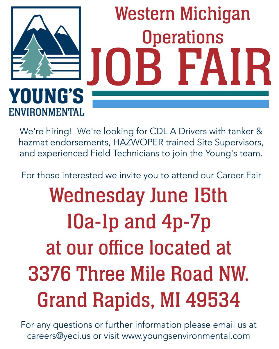 YoungsEnviro's tweet photo. We're hiring in #GrandRapids #MI - #CDLdrivers, #HAZMAT Site Supervisors &amp; Technicians WE WANT YOU! #MIjobs #CDL https://t.co/rktxCYFyEI