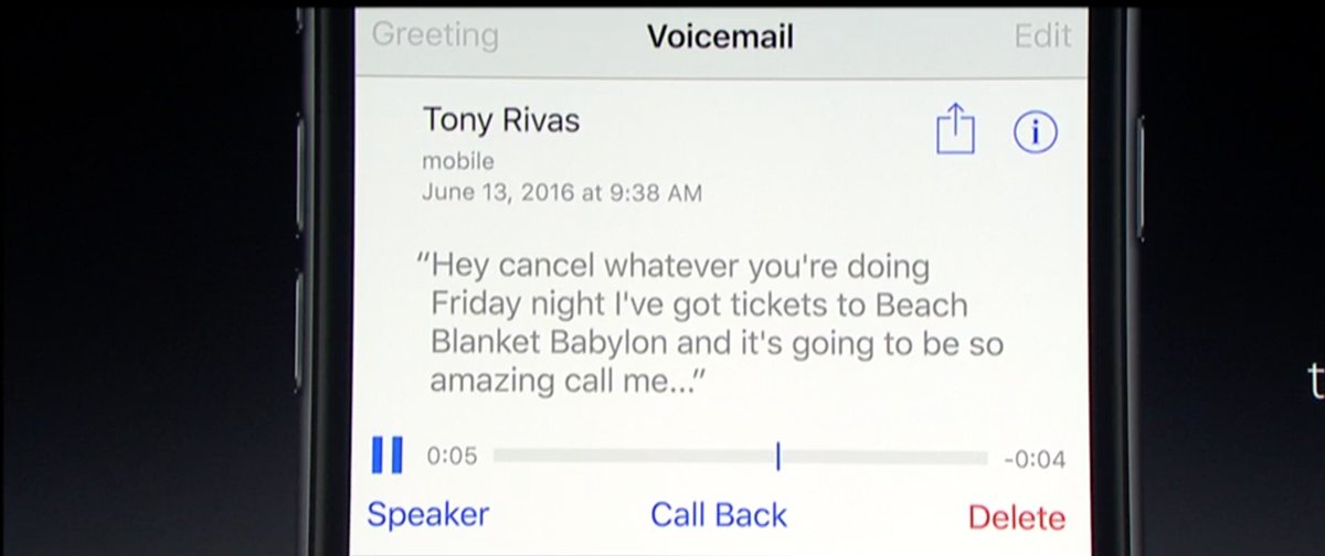 iOS__Daily's tweet photo. Phone app update...
Transcriptions for Voicemails are here

Follow iOSDaily for live #WWDC2016 updates https://t.co/uDBOJ6XXs5