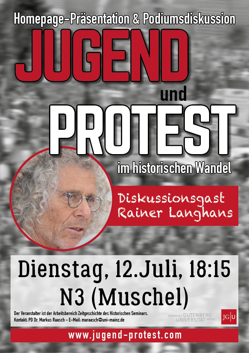 Jugend_Protest's tweet photo. Am 12. Juli, 18:15 diskutieren wir mit Rainer #Langhans über Jugend und Protest im historischen Wandel @uni_mainz https://t.co/VFlPZ7rClL