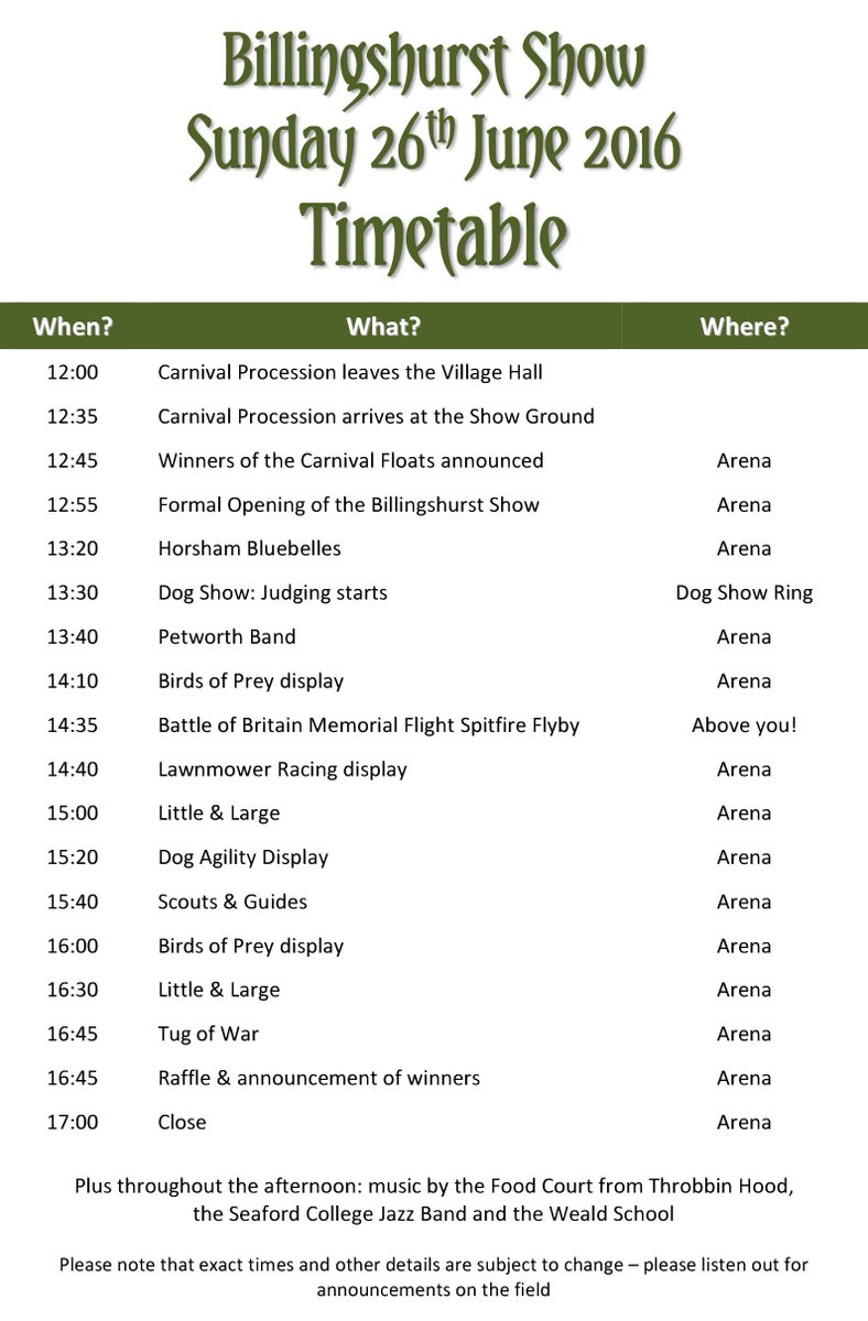 Hot off the press: the running order for the <a href="/billishow/">Billingshurst Show</a> - worth checking out 14:35!