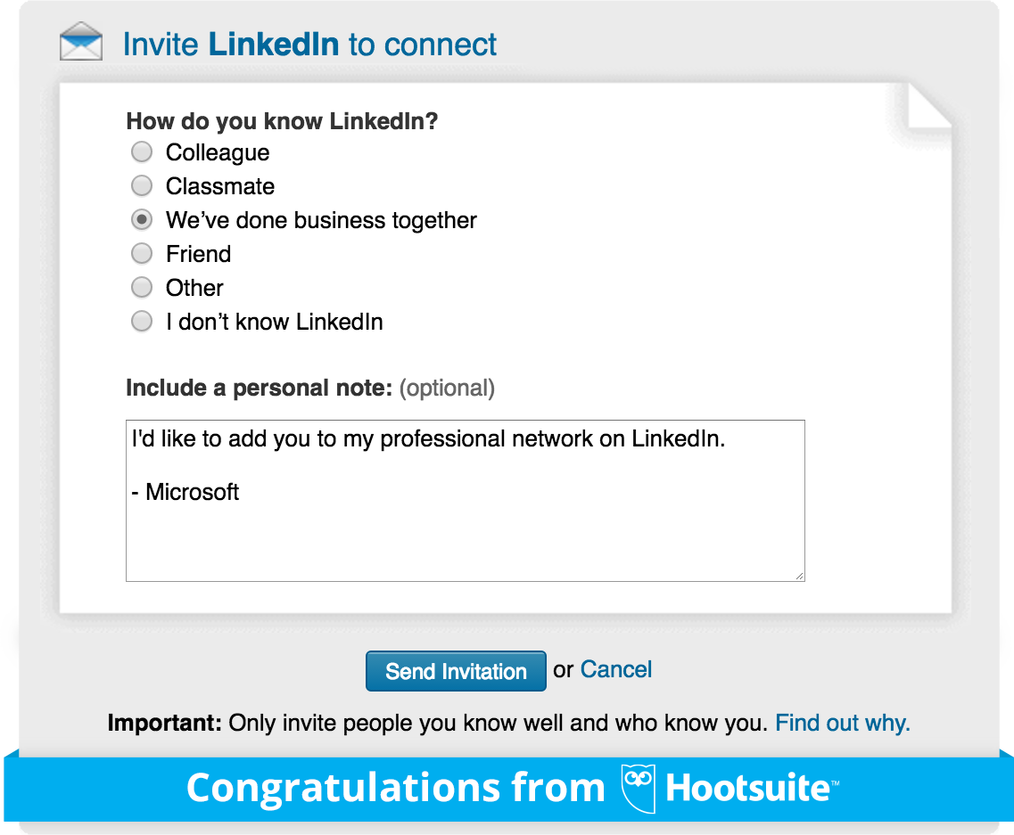 hootsuite's tweet photo. “Hi, I’d like to add you to my professional network on @LinkedIn" - @Microsoft 

Congratulations to our partners! https://t.co/RBFQf91ubJ