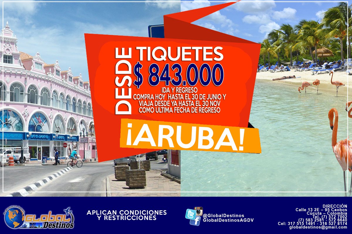 GlobalDestinos's tweet photo. TIQUETES A @ARUBA DESDE $843.000 ida y regreso
Compra desde ya hasta el 30 de Junio 
#viaja @GlobalDestinos https://t.co/nIjzIl4QIo