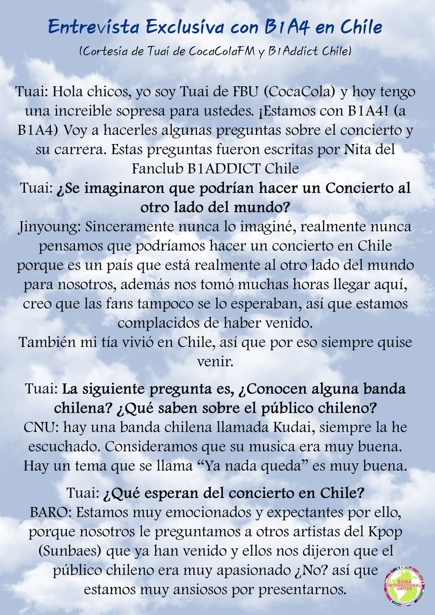 BANAIntlUnited's tweet photo. Entrevista exclusiva con B1A4 en Chile.

Cortesía de Tuai (CocaCola FM) y B1ADDICT Chile :)
#B1A4AdventureInChile https://t.co/DUQ9dSleN4