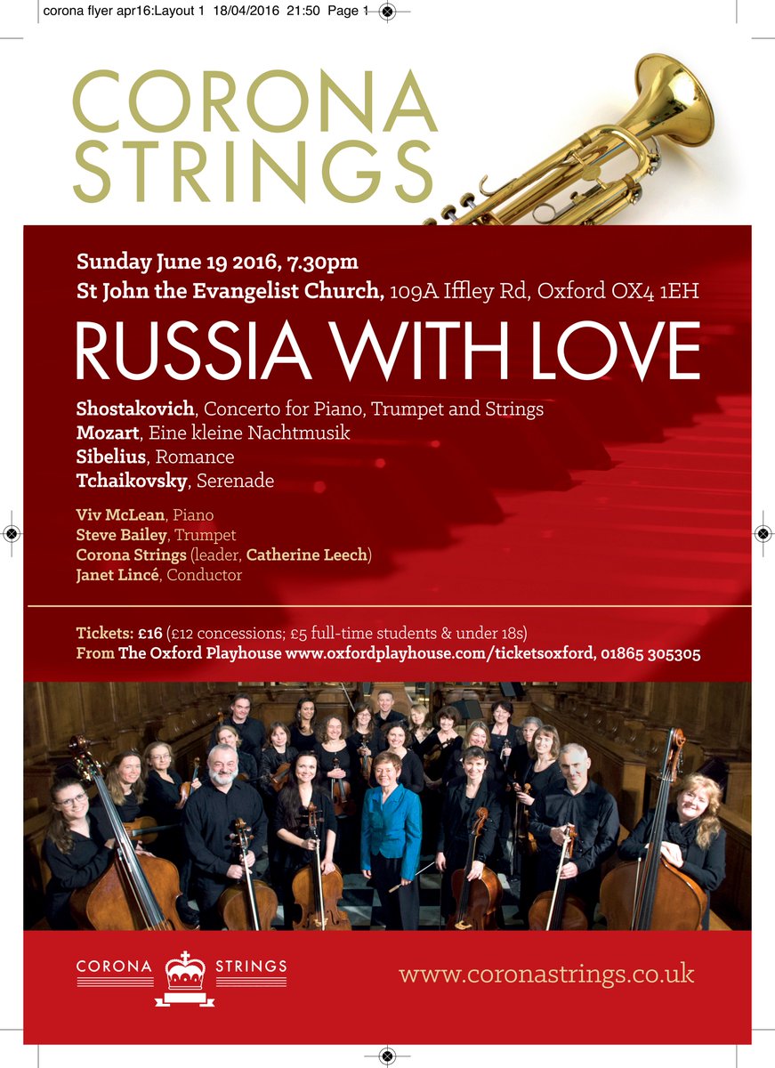 <a href="/TchaikResearch/">Tchaikovsky Research</a> Tchaikovsky's Serenade performed by Corona Strings on 19 June in Oxford @Sje_arts_ox All welcome.