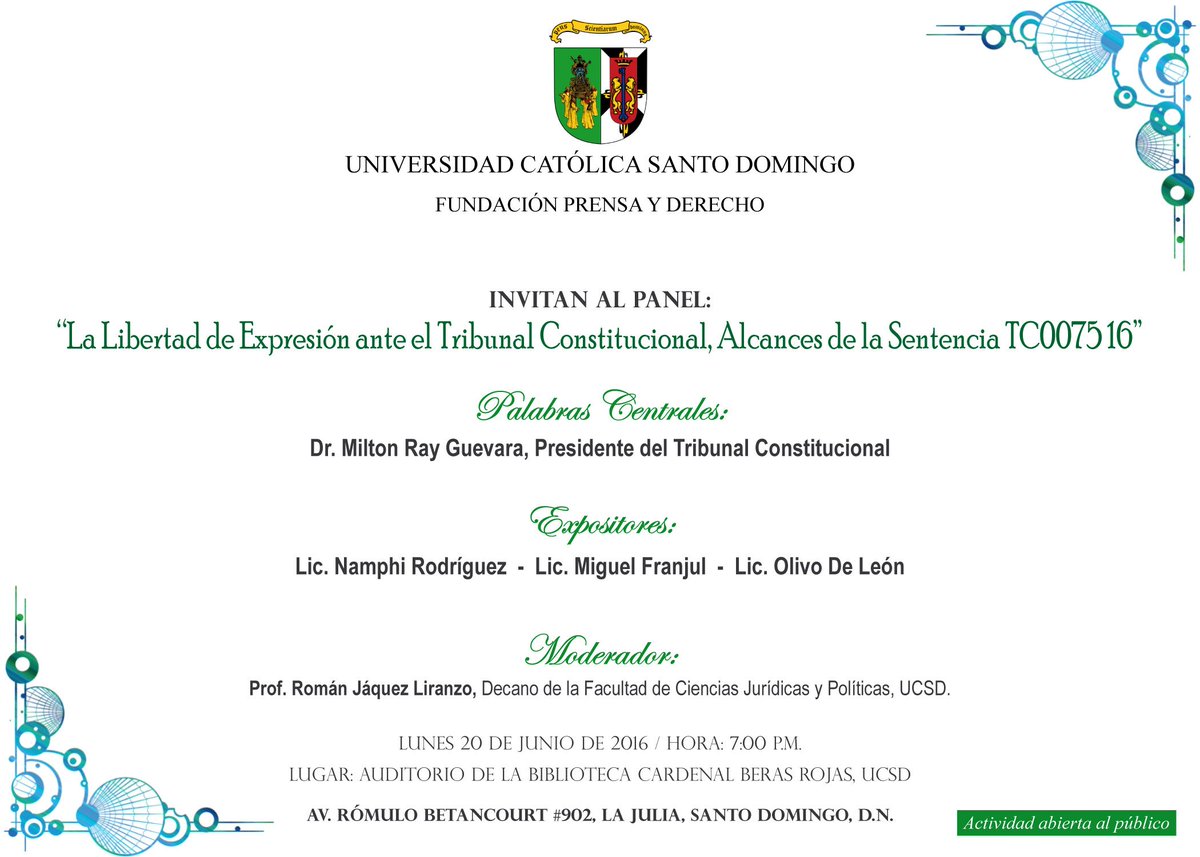 RomnJquez's tweet photo. Invitación. Panel: Libertad Expresión ante TC. Lunes 20, 7:00 pm UCSD @EmeryColomby @JansyCastro @AlfonsoJaquez https://t.co/ZwolS8Xx4x