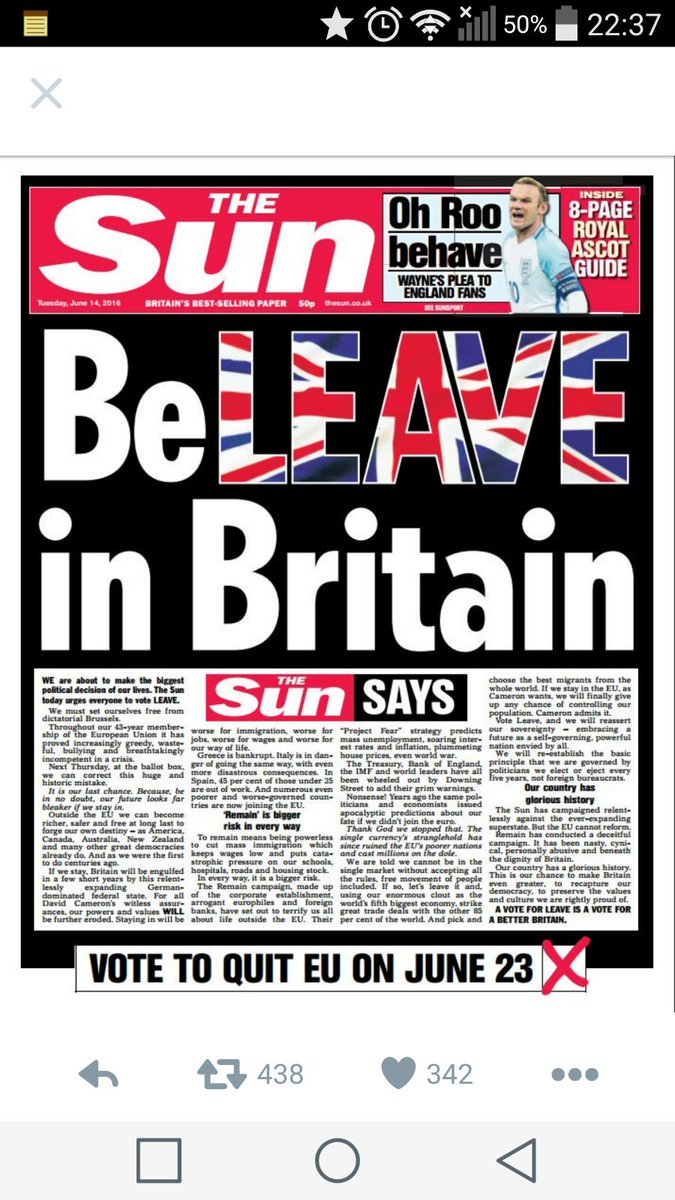 investingLive_'s tweet photo. Brexit - Front page of UK's 'The Sun' - urging a 'leave' vote https://t.co/JWay5HGFak https://t.co/wDcVgEun6Z
