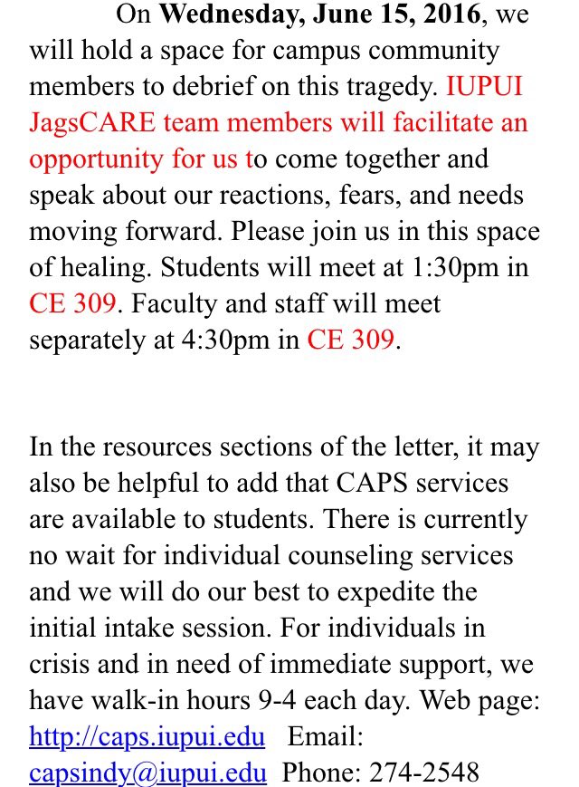 .<a href="/IUPUI/">IUPUI</a> there will be debriefing sessions through CAPS on Wednesday for ALL students, faculty, and staff. See below