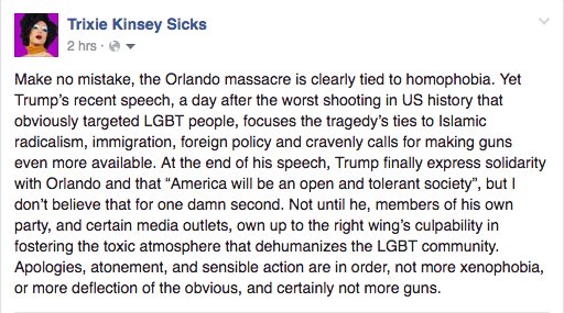 trixieksicks's tweet photo. Trump's #OrlandoShooting speech neglected to address homegrown homophobia, fostered by his cohorts in the @GOP. Why? https://t.co/xCy2FKbI4Q