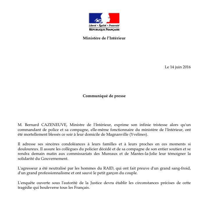 [Communiqué] Grande tristesse après la mort d'un policier et de sa compagne. Soutien à leurs familles et collègues.