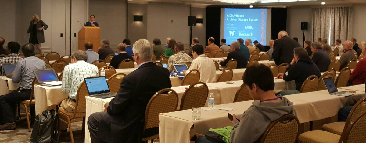 SNIA's tweet photo. Leaning about leveraging incredible storage properties of DNA for data storage- Luis Ceze UofWashington #dsicon16 https://t.co/bniZwOtCly