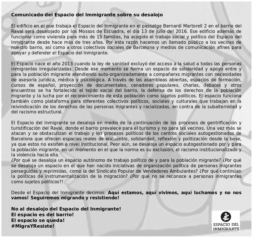 EspacioInmigran's tweet photo. Lanzamos comunicado sobre el desalojo del Espacio del Inmigrante planeado para el 13Julio. Difundir! #MigraYResiste https://t.co/RMhnGvb77L