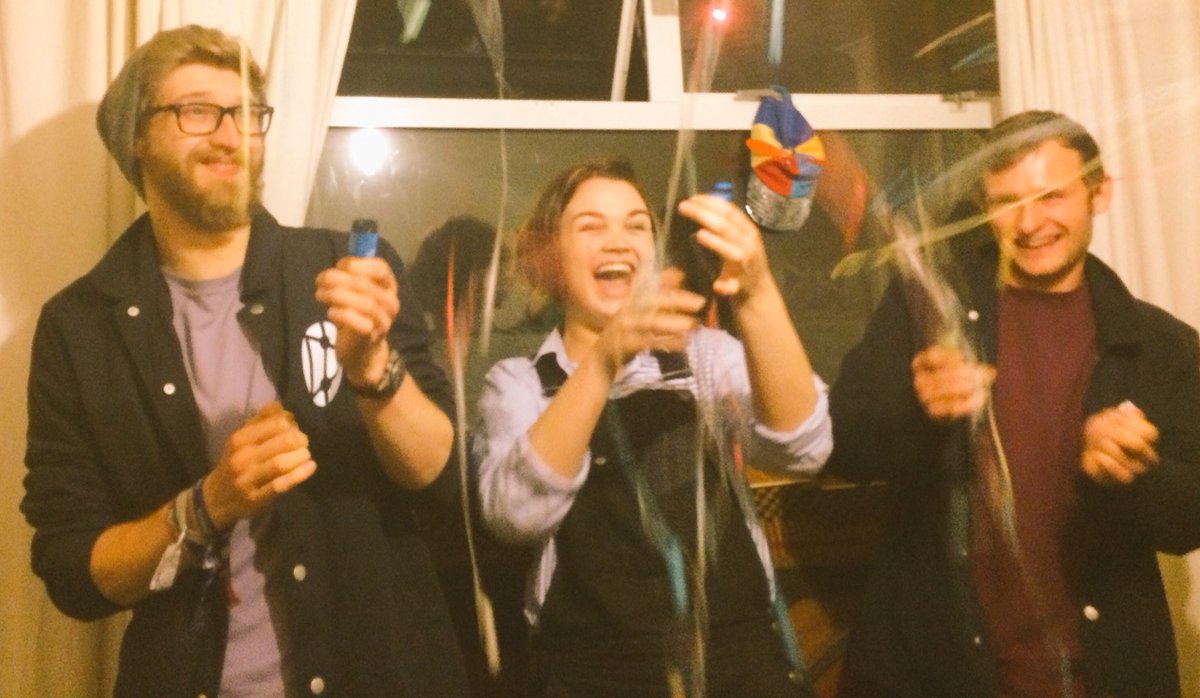 Roughion's tweet photo. Diolch @huwstephens and @BBCR1 here's a picture of us hearing it on the first time with party poppers #TiandMe https://t.co/ILYOdfHVoO