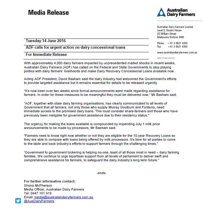 AusDairyFarmers's tweet photo. ADF calls for urgent action on Dairy Recovery Concessional Loans #ausdairy #auspol #agchatoz @VFF_UDV @TfgaComms https://t.co/yrKyNHRgxs