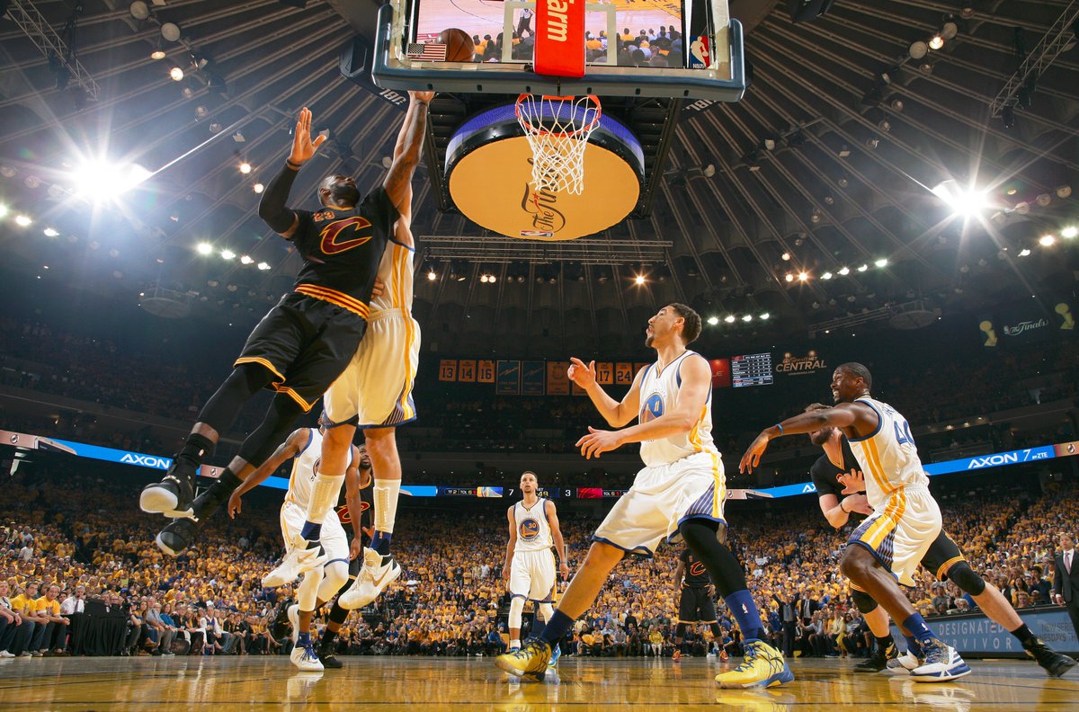 NBA's tweet photo. LeBron and Kyrie both have 18 points giving the @Cavs a 4-point lead late in the 2nd. #NBAFinals https://t.co/ZX3e6xtYli