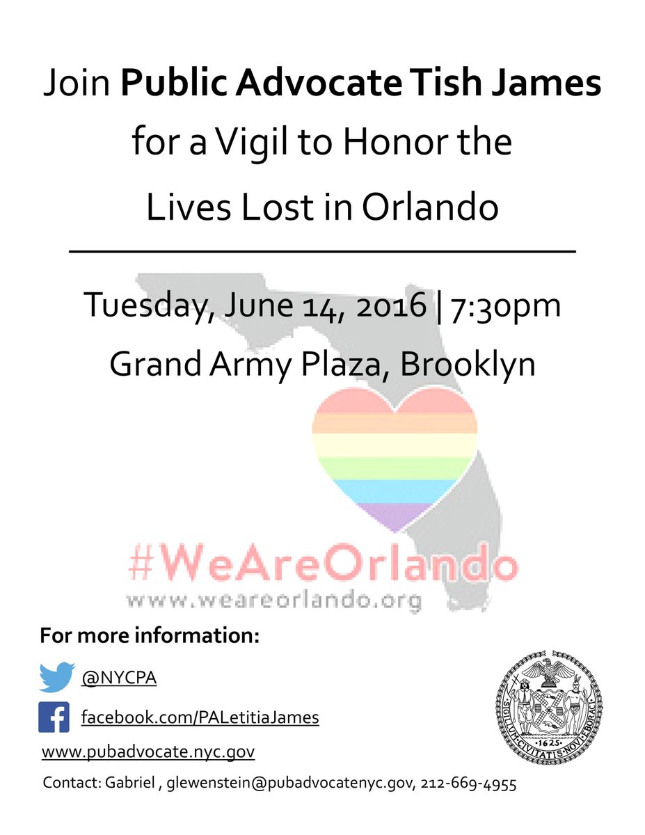 Tomorrow, @NYCPA <a href="/TishJames/">Tish James</a> convening #LGBT leaders &amp; elected officials for a Unity Rally. Join us. #WeAreOrlando