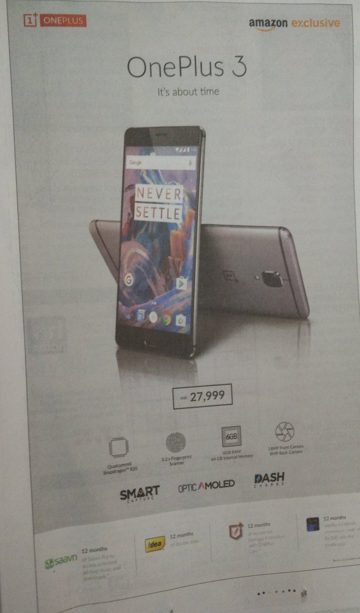 shikaris's tweet image. #OnePlus3 priced at Rs. 27,999/- for the 6GB variant. Other details in pic attached 👇 #OnePlusLoopVR #OnePlus_IN