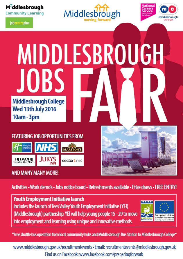 #Middlesbrough #JobsFair 2016 Official flyer with a few of the first confirmed employers! #MbroWork