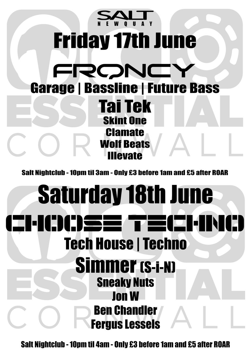 esscornwall's tweet photo. This weekend at @SaltNewquay #techno #techhouse #garage #bassline #futurebass #essentialcornwall #Newquay https://t.co/SmZJoYT6Co