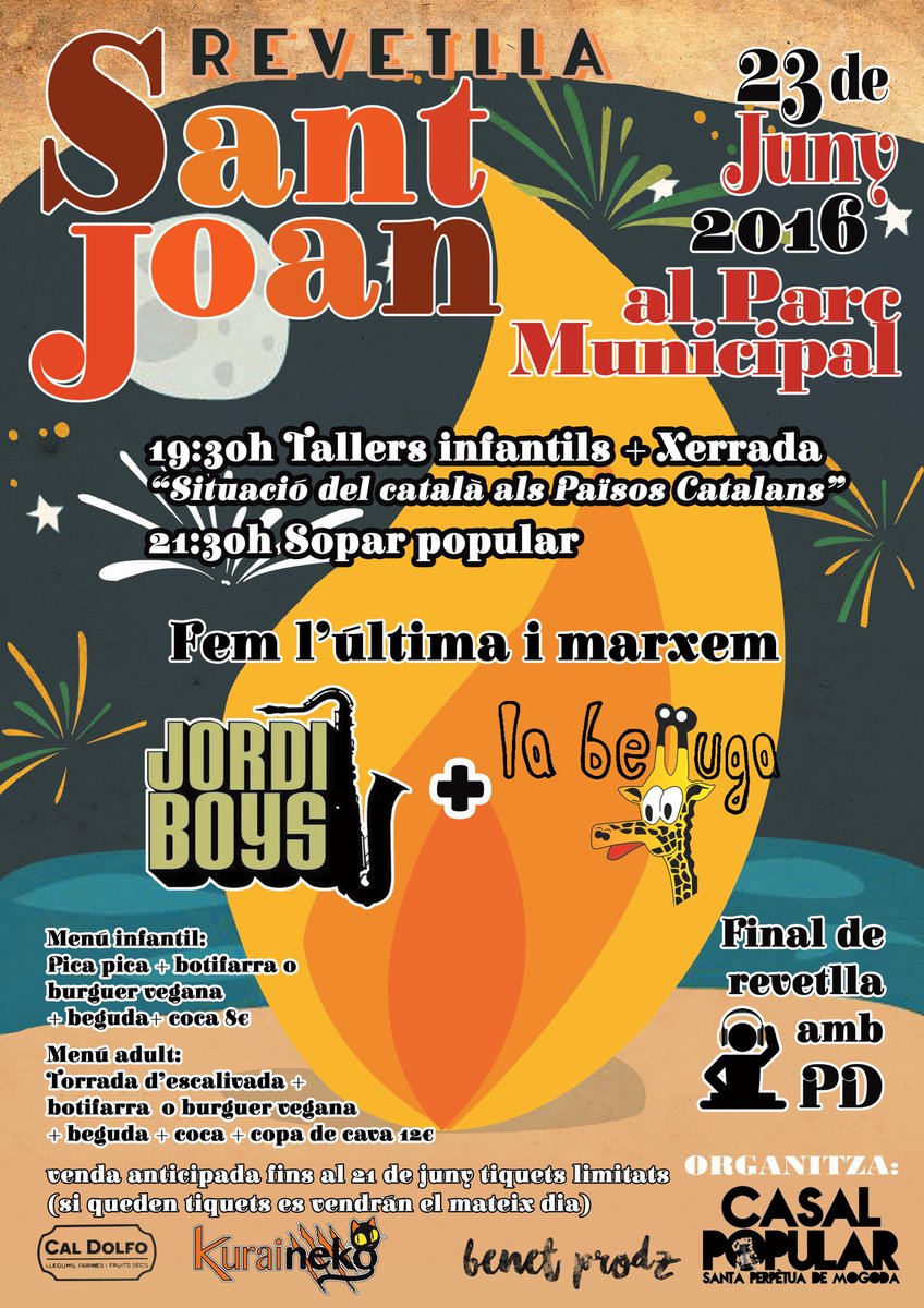 Bon dia! Aquí teniu el cartell de la revetlla de Sant Joan! Xerrada, tallers infantils, sopar popular i música!