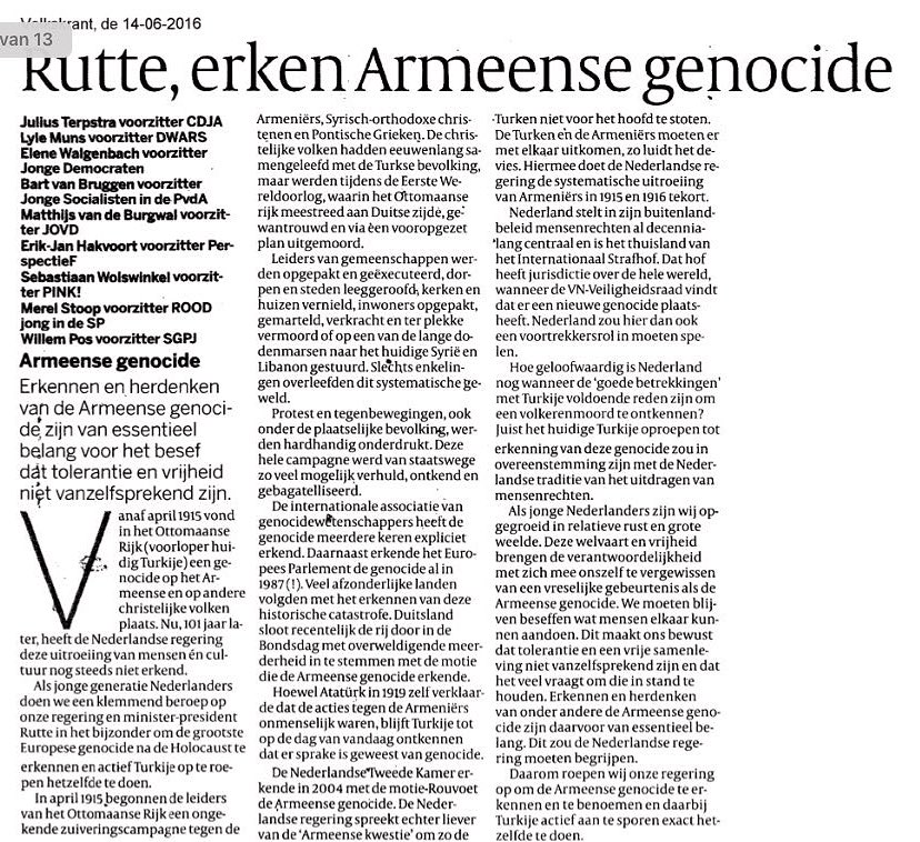 Vandaag <a href="/volkskrant/">de Volkskrant</a> roepen <a href="/JHTerpstra/">Julius Terpstra</a> en alle andere PJO-voorzitters Rutte op om de Armeense genocide te erkennen.